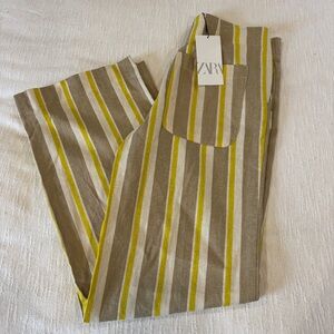 Zara Striped Linen Wide Leg Pants Yellow Tan Retro Summer NWT Size Small